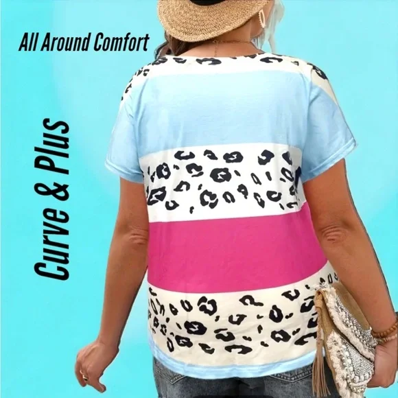 NWT!! Women's Trendy Plus Size Leopard Print Colorblock Off The Shoulder Top!!💖 - Picture 3 of 5